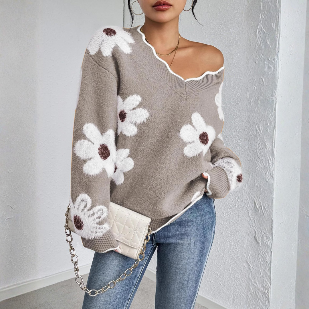 KYUPA™ - Casual Drop Shoulder Long Sleeve V-Neck Sweater
