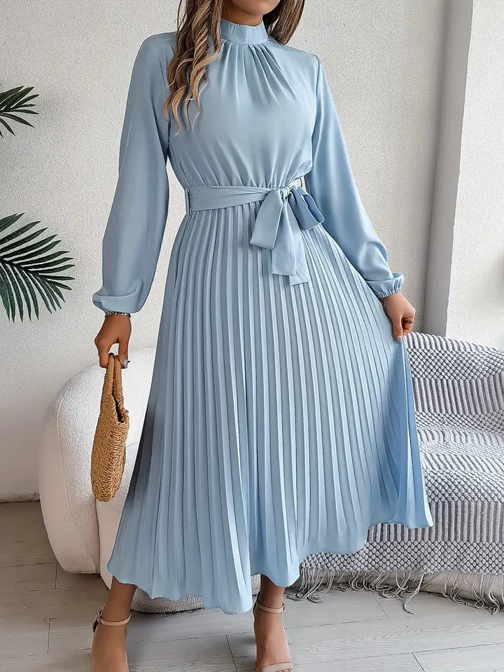 Elara™ | Elegant Pleated Midi Dress With Belt